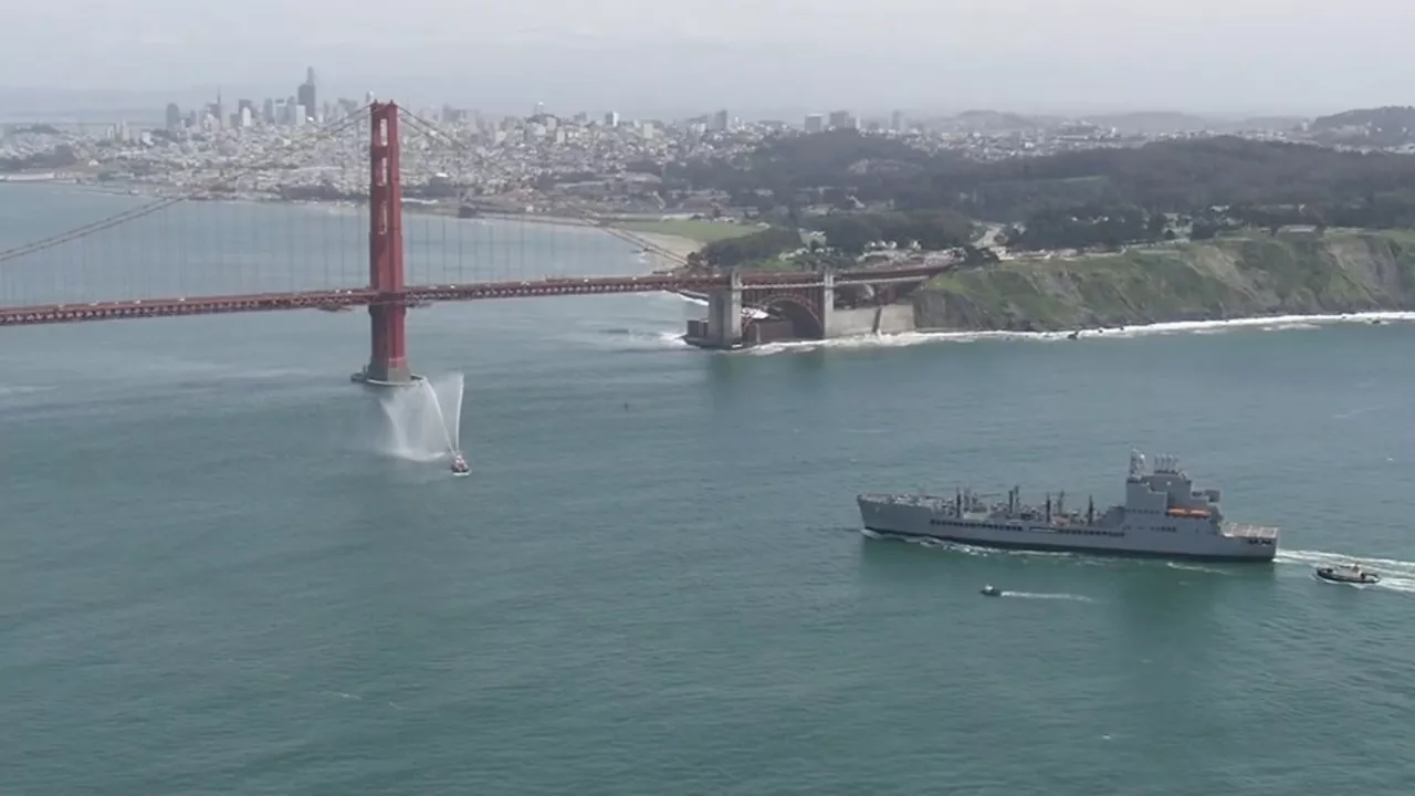 Nancy Pelosi, Mayor London Breed and Navy officers welcome USNS Harvey Milk to SF