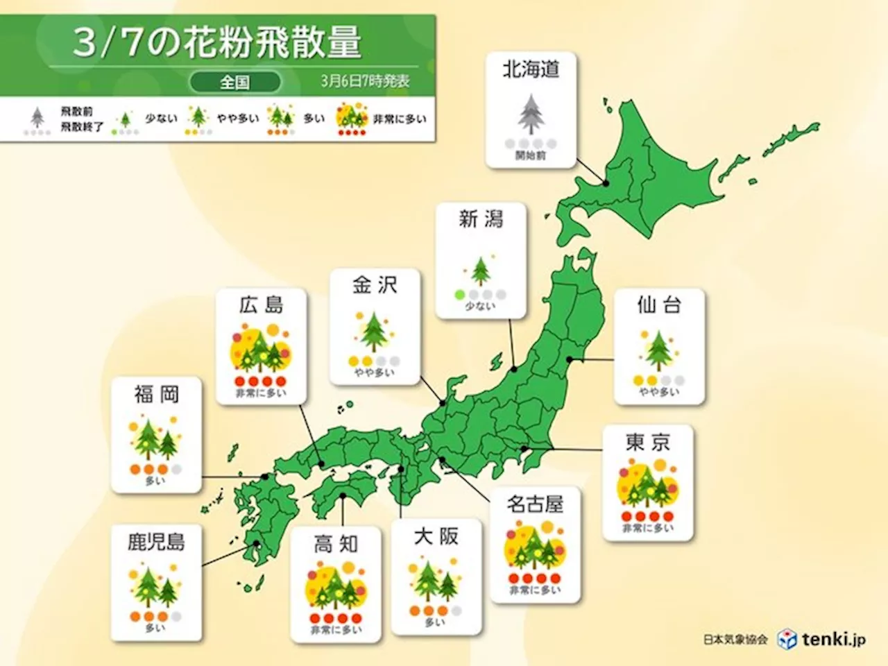 雨上がりとともに花粉が大量飛散へ 明日7日～関東など広く連日の「非常に多い」(気象予報士 石榑 亜紀子 2024年03月06日)