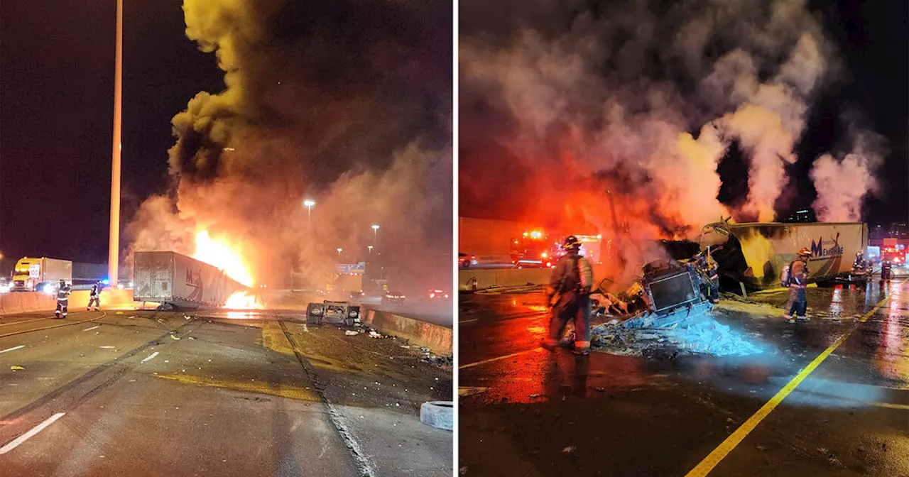 Driver charged after truck crash and fire shuts down Highway 401 in Toronto