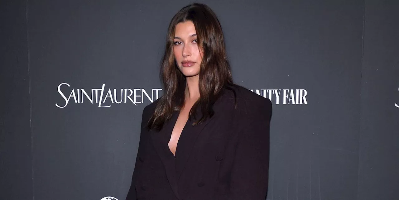 Hailey Bieber Spices Up a Classic Suit With Dramatic Shoulder Pads and a Plunging Neckline