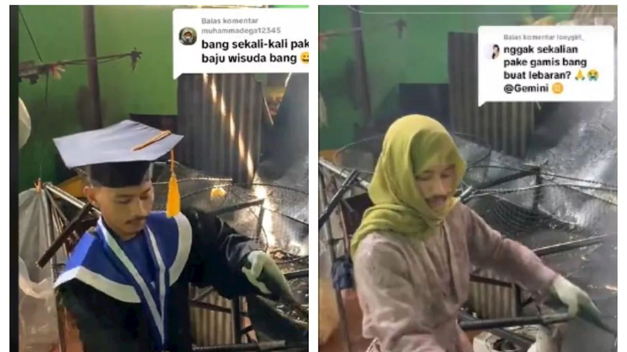 8 Outfit Nyeleneh Tukang Goreng Kerupuk, Pakai Gamis Hingga Toga Wisuda