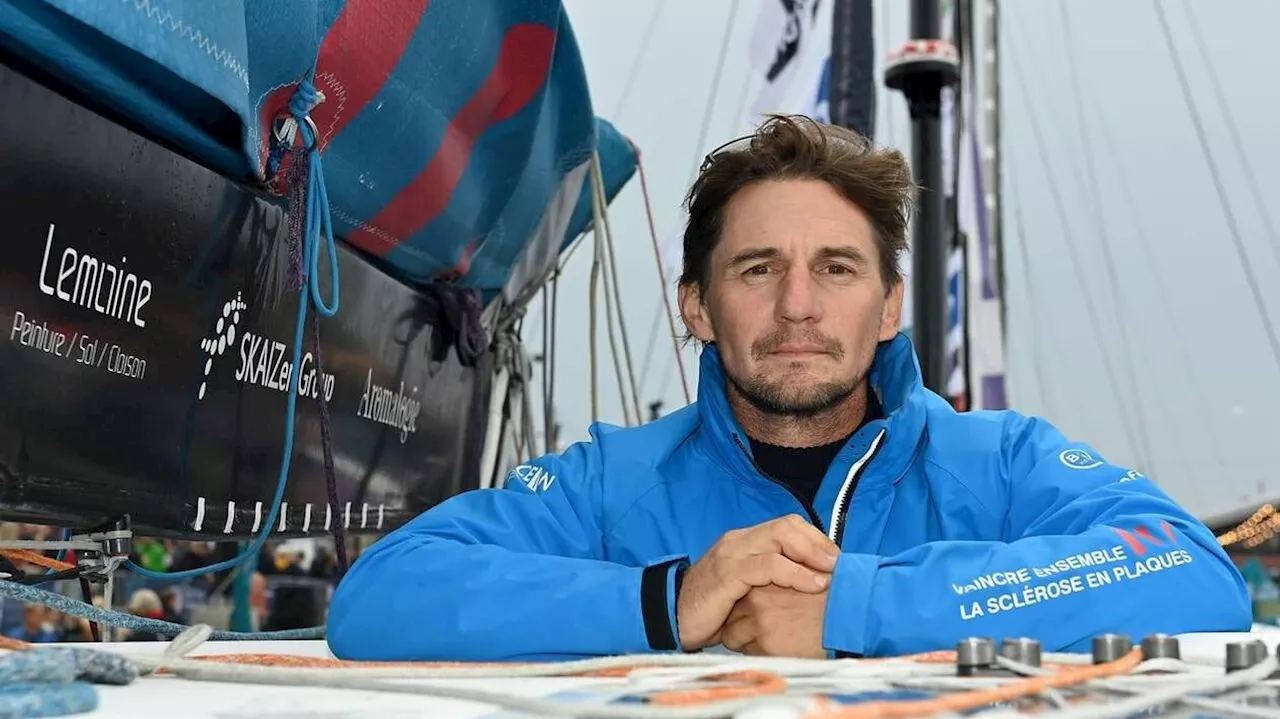 Le skipper Thibaut Vauchel-Camus doublement à l’écran, le 12 mars 2024, à Saint-Malo