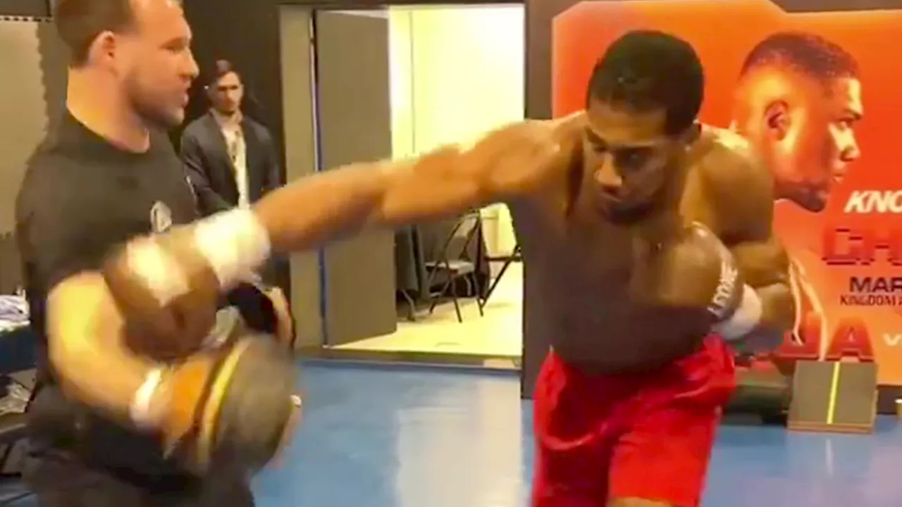 Amazing dressing-room footage shows Anthony Joshua practising exact punch that KO’d Francis Ngannou m...