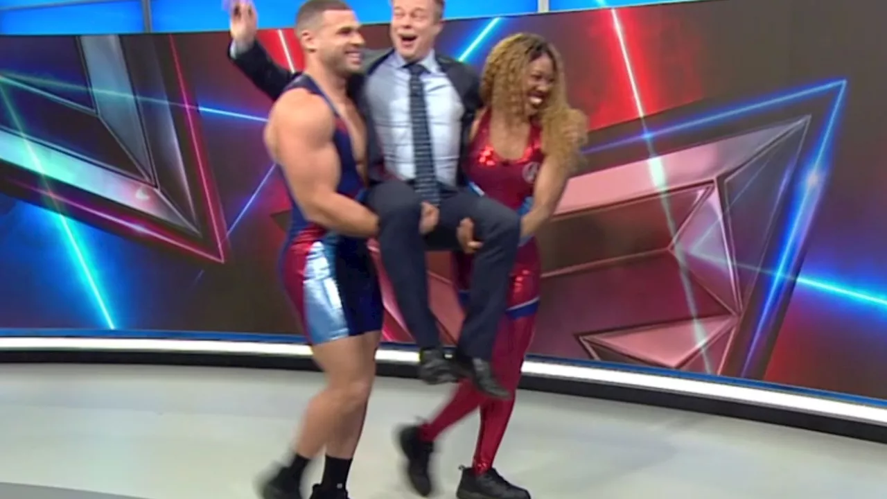 Gladiators stars carry BBC Breakfast presenter out of the studio after schedule shake-up is revealed...