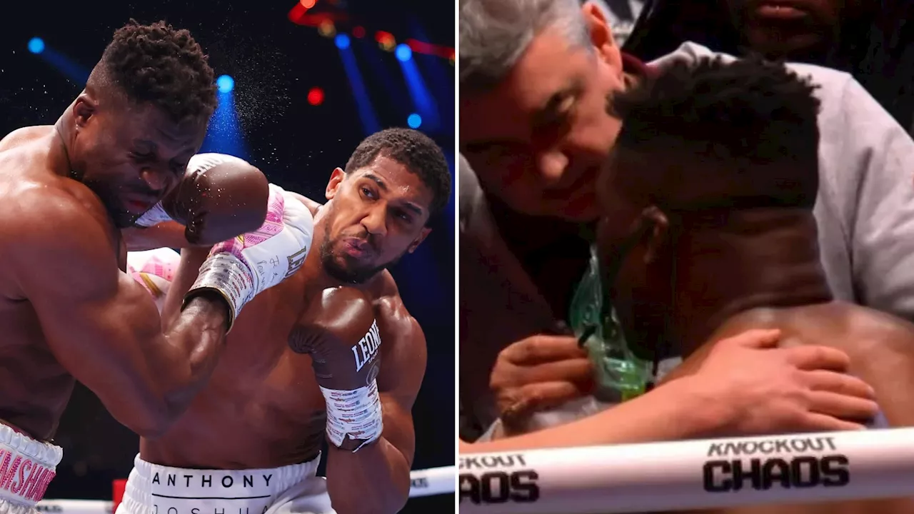 Watch brutal moment Anthony Joshua knocks out Francis Ngannou with savage right hand leaving him needing...