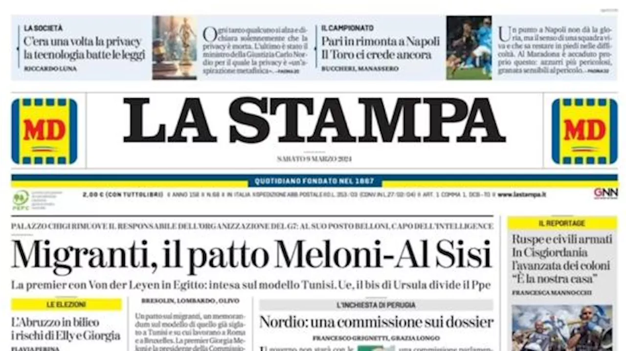 La Stampa in prima pagina: 'Pari in rimonta a Napoli: il Toro ci crede ancora'