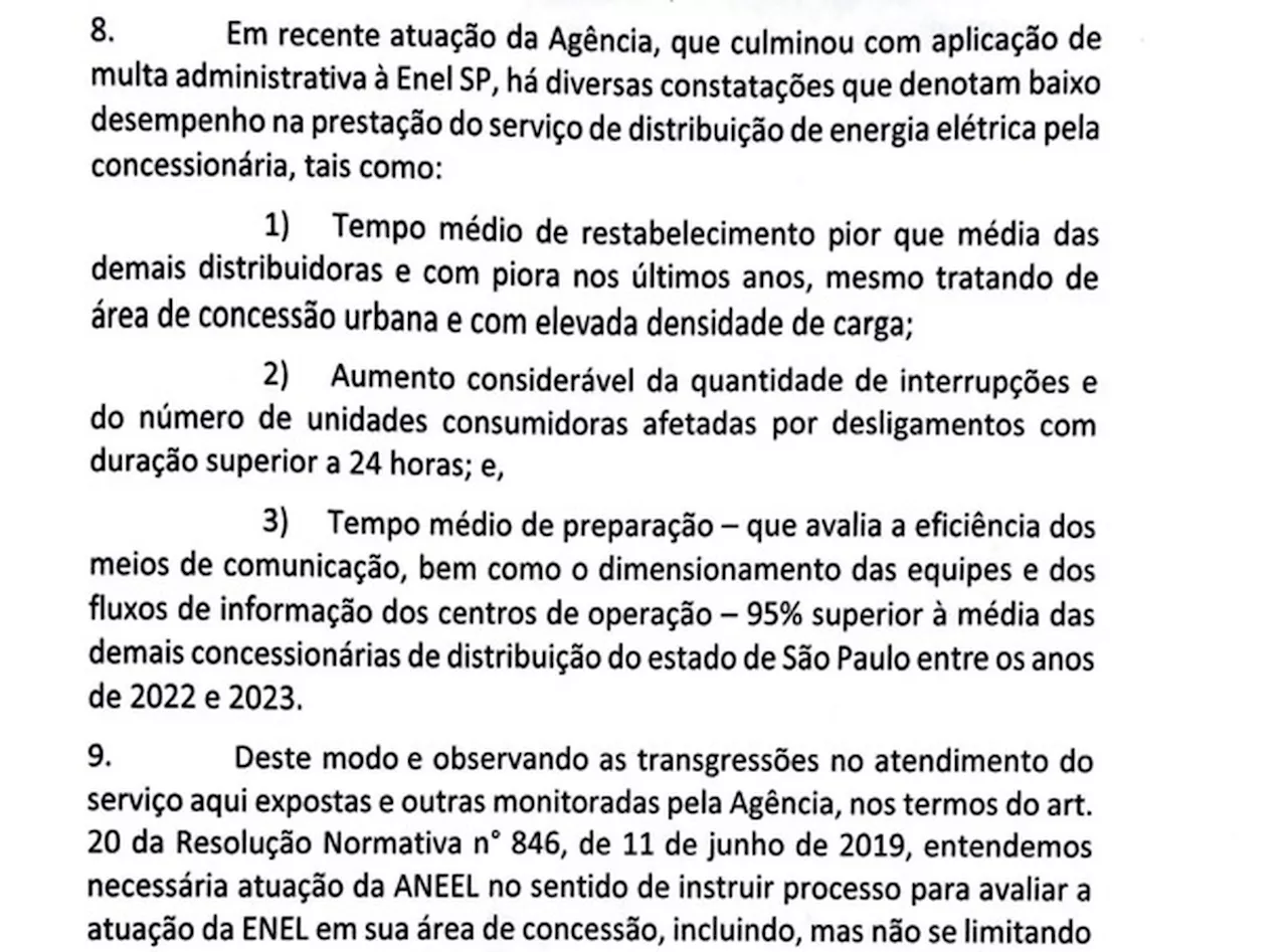 Em carta à Aneel, governo cita possibilidade de cancelar contrato da Enel e pede apuração rigorosa