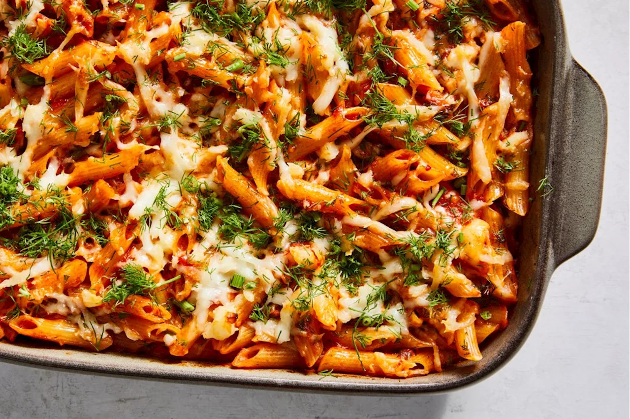 Baked Tomato Pasta with Harissa and Halloumi