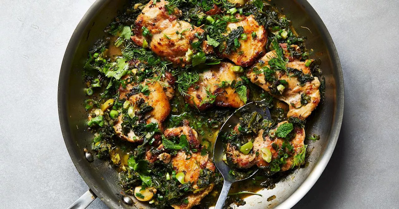 A weeknight skillet chicken dinner, rich with greens