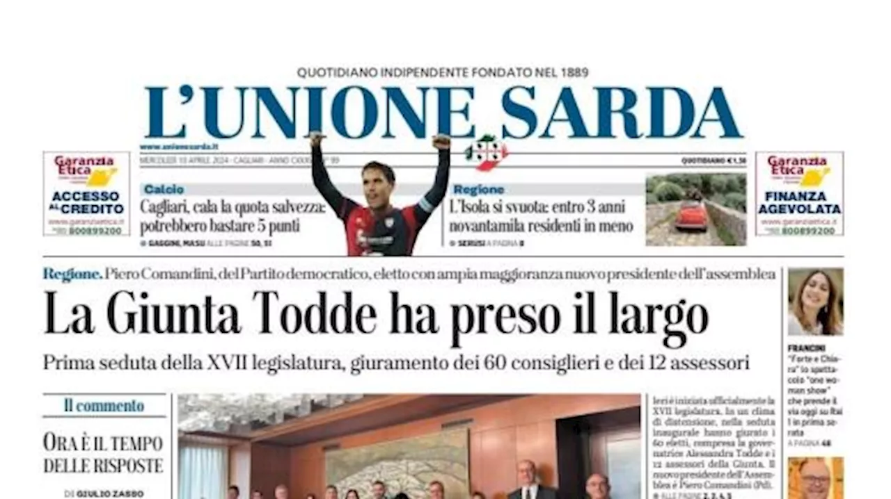 L'Unione Sarda in prima pagina infonde speranza: 'Cala la quota salvezza del Cagliari'