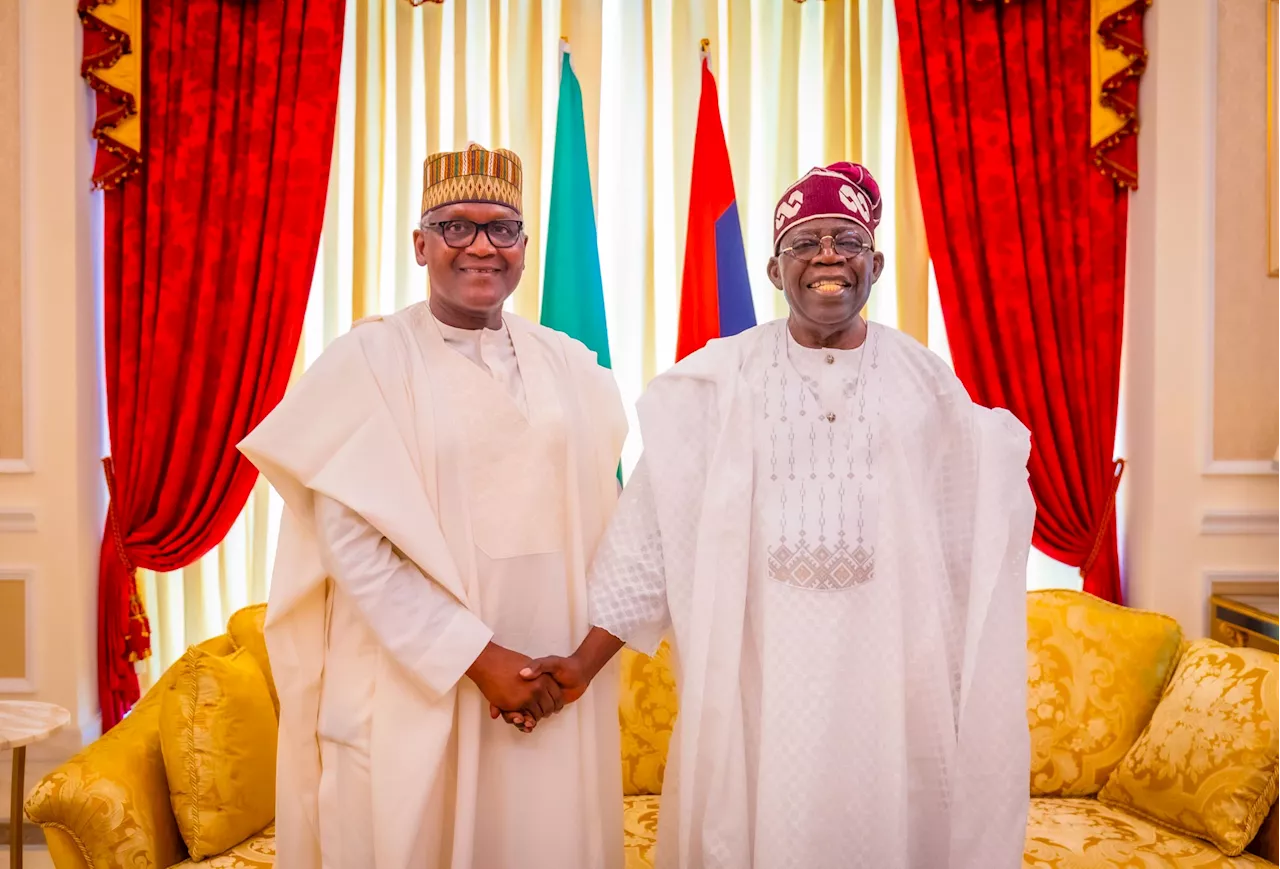 Bola Ahmed Tinubu and Kano State Governor Abba Yusuf congratulate Aliko Dangote on his 67th birthday