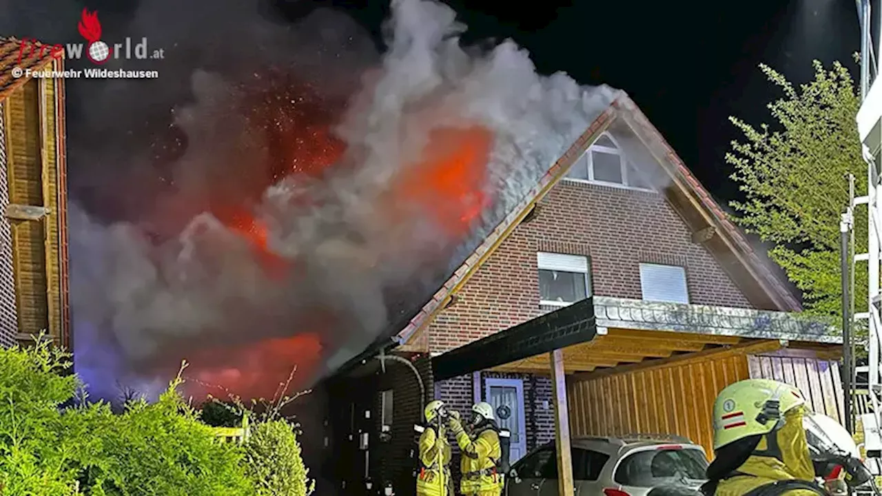 D: Pkw-Brand unter Carport in Wildeshausen dehnt sich bis auf Wohnhaus-Dachstuhl aus