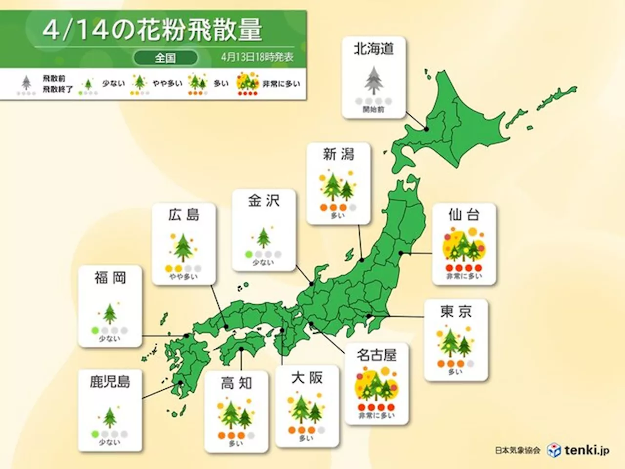 花粉情報 14日も花粉は大量飛散 今週は東京でも花粉シーズンの終わり近づく(気象予報士 牧 良幸 2024年04月14日)