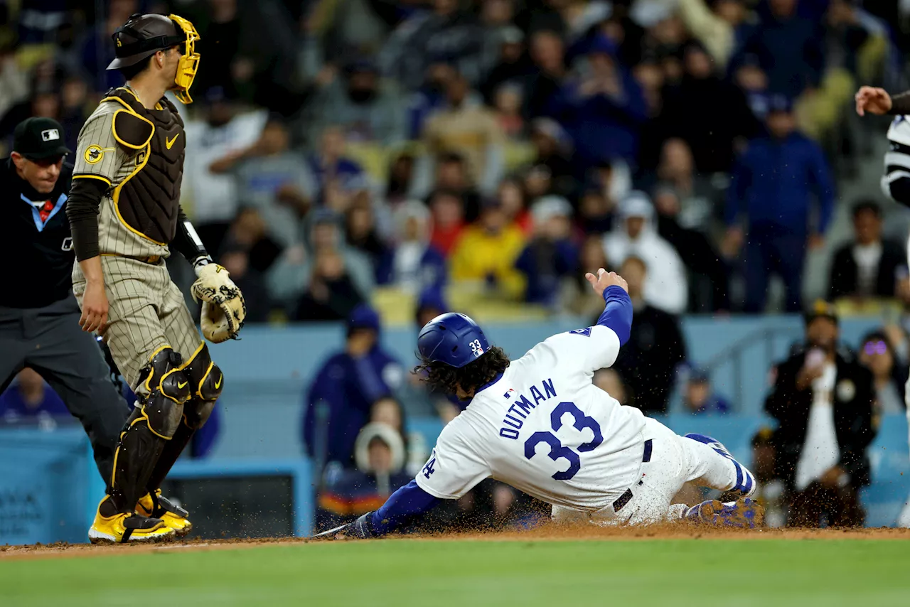 Dodgers outlast San Diego Padres on sloppy, rainy night in Los Angeles