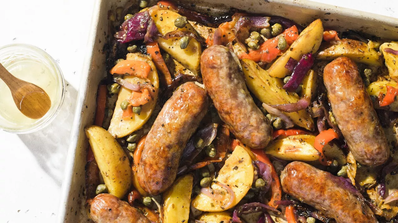 Roast Italian sausages over potatoes and peppers for a flavorful one-pan supper