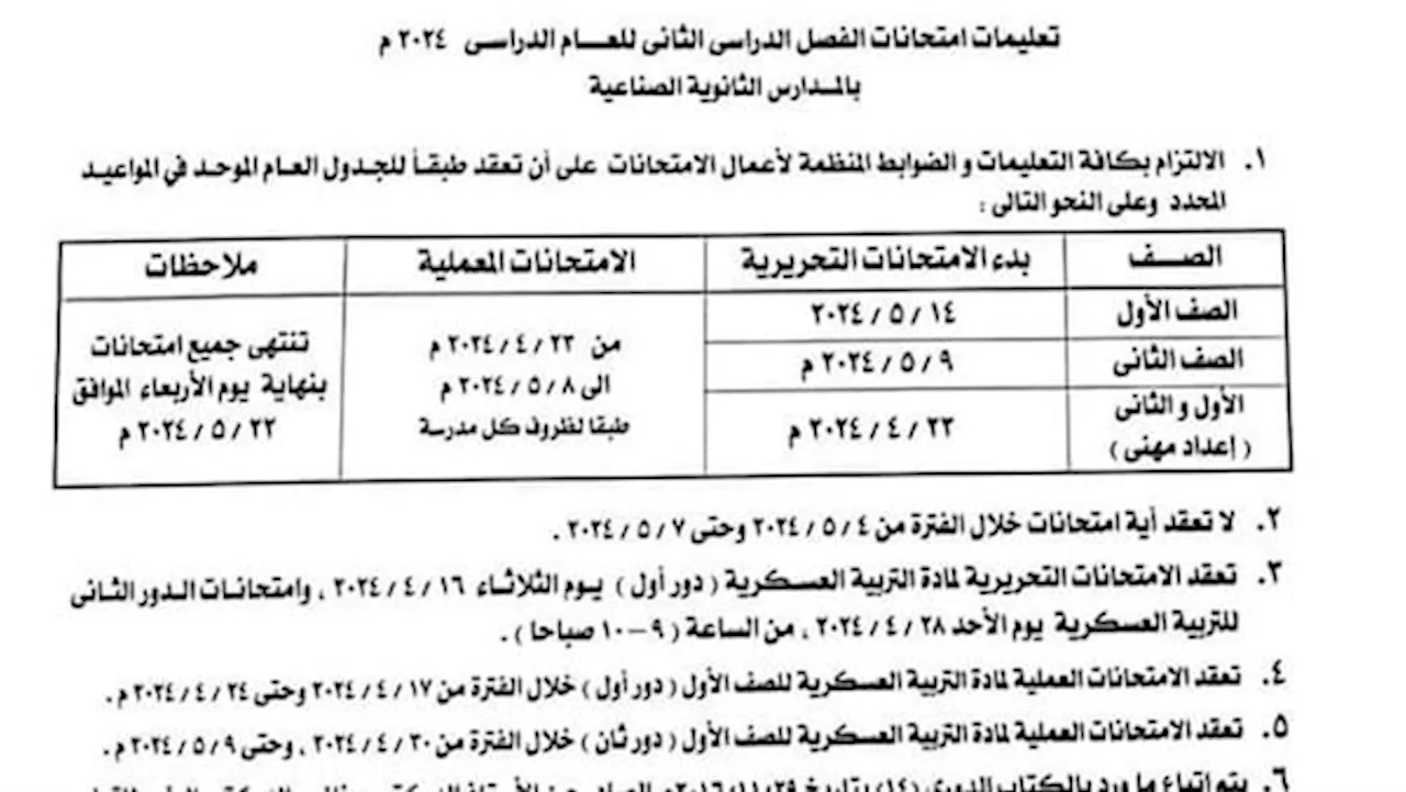 تعرف على مواعيد امتحانات الفصل الدراسي الثاني لصفوف النقل بالمدارس الفنية