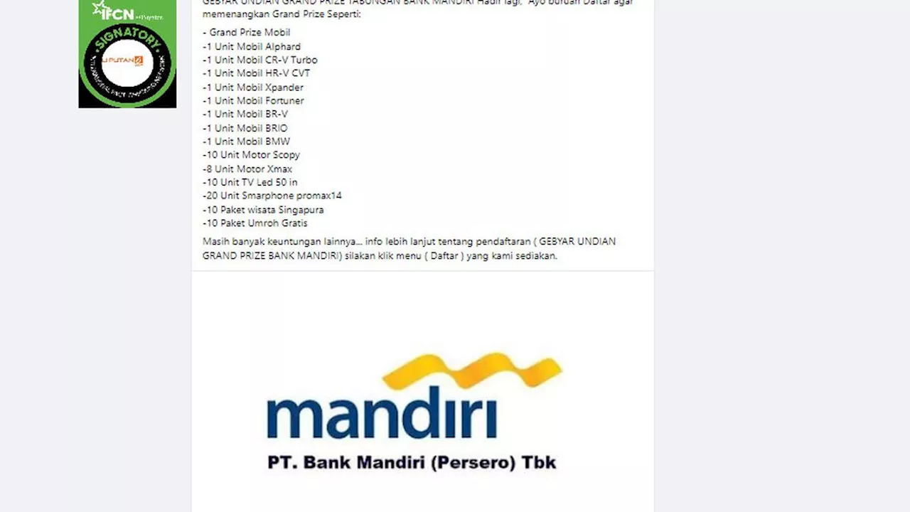 Cek Fakta: Tidak Benar Pendaftaran Gebyar Undian Grand Prize Tabungan Bank Mandiri