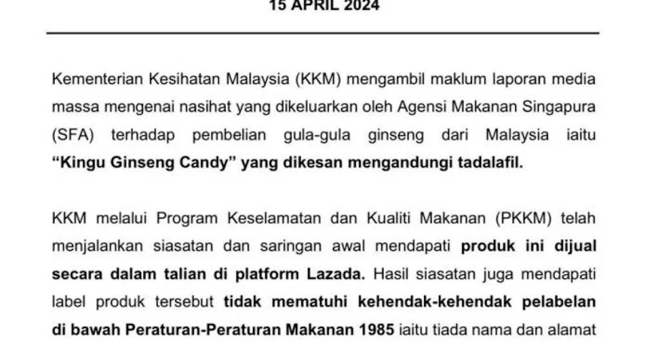 MOH orders e-commerce platforms to remove content relating to “Kingu Ginseng Candy” immediately