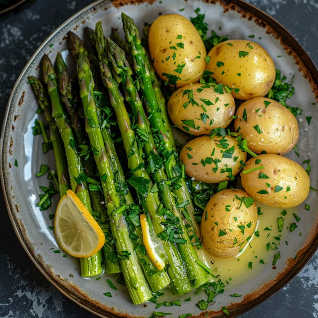 Frühlingshaftes Rezept: Grüner Spargel mit Zitronen-Buttersoße, Schalotten und Salzkartoffeln