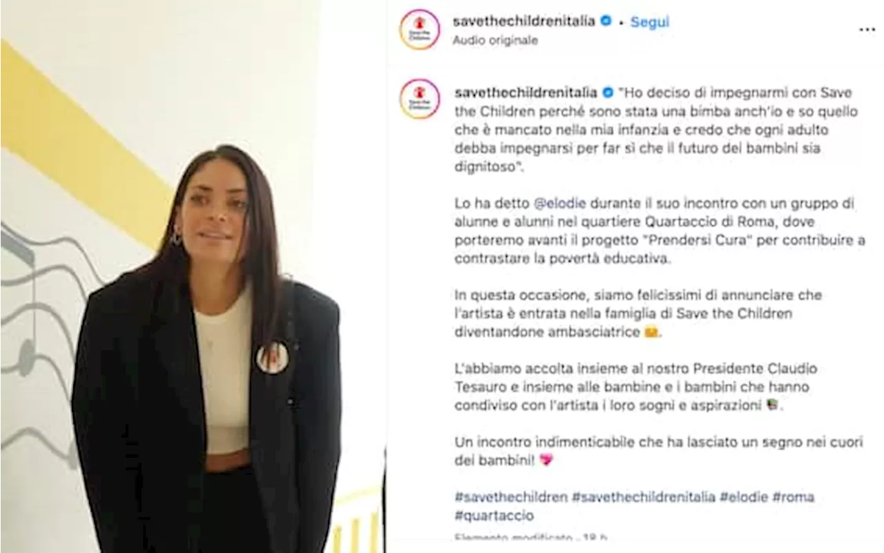 Elodie diventa ambasciatrice di Save the Children con il nuovo progetto “Prendersi cura”