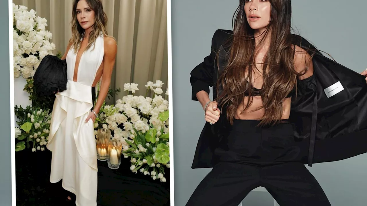 Victoria Beckham flashes bra in one of her own label’s black suits as she celebrates turning 50...