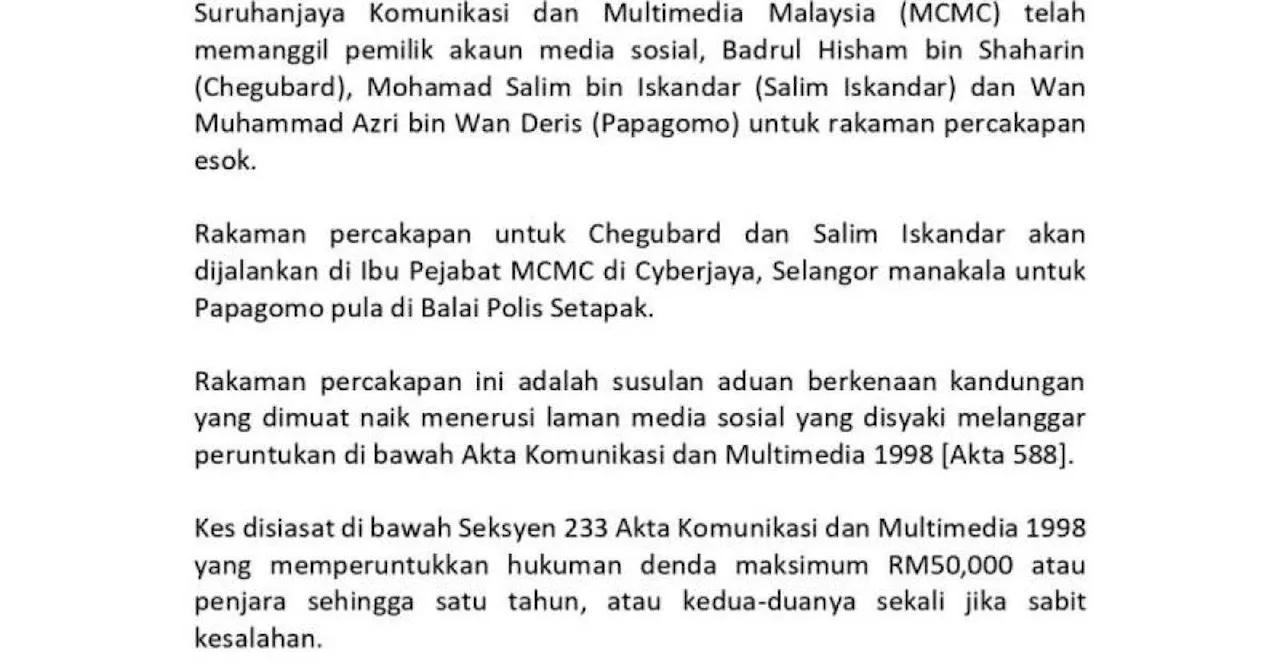 Chegubard, Salim Iskandar dan Papagomo dipanggil MCMC untuk rakaman percakapan esok