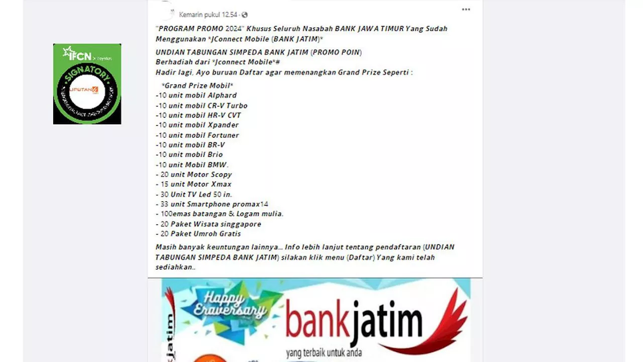 Cek Fakta: Tidak Benar Pendaftaran Undian Tabungan Simpeda Bank Jatim