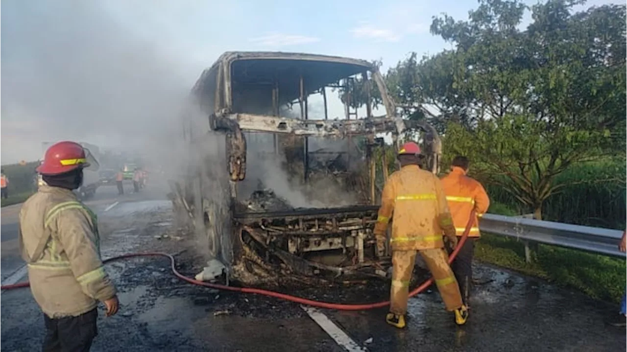 Detik-detik Bus Pahala Kencana Hangus Terbakar di Tol Jomo, Diduga Gegara Pecah Ban