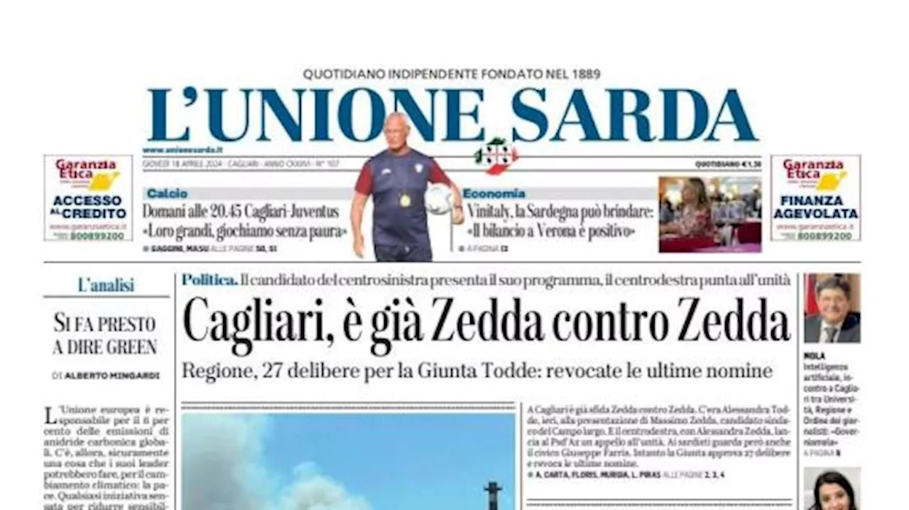 L'Unione Sarda: 'Domani alle 20.45 Cagliari-Juventus: loro grandi, giochiamo senza paura'