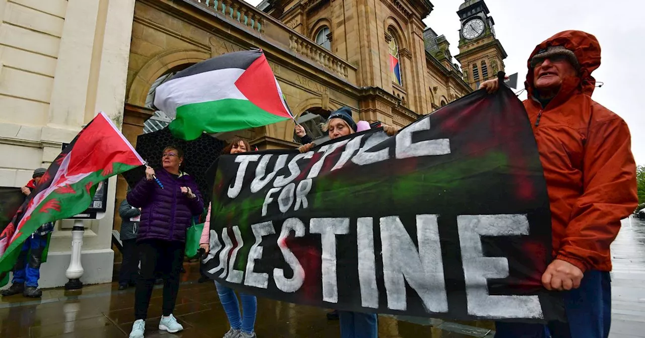 Gaza and Openreach pole protesters rally at Southport Town Hall