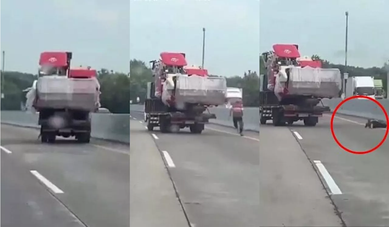 [Video] Pakcik Jatuh Tersungkur Atas Lebuh Raya Ketika Kejar Lori Selepas Lupa Tarik ‘Hand Brake’