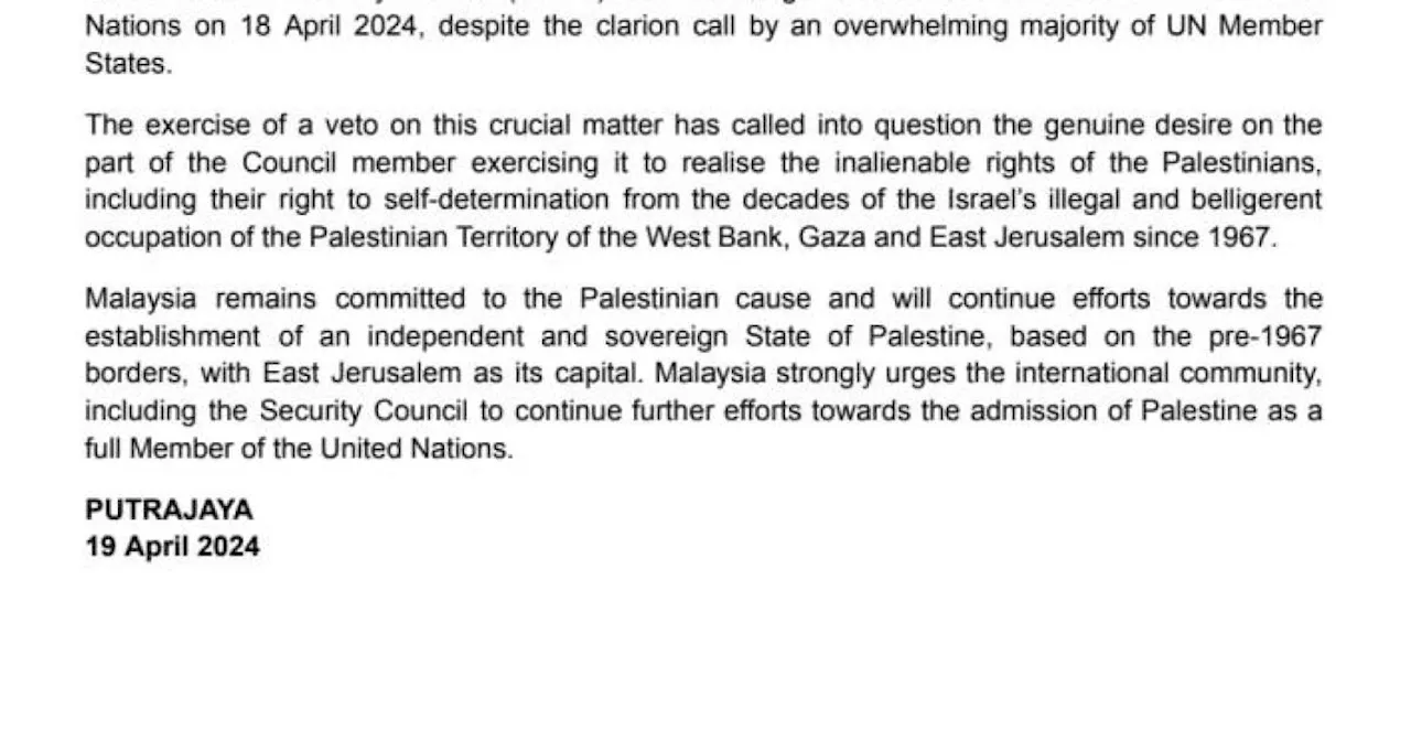 Palestin kecam AS guna kuasa veto halang keanggotaan penuh negara itu dalam PBB