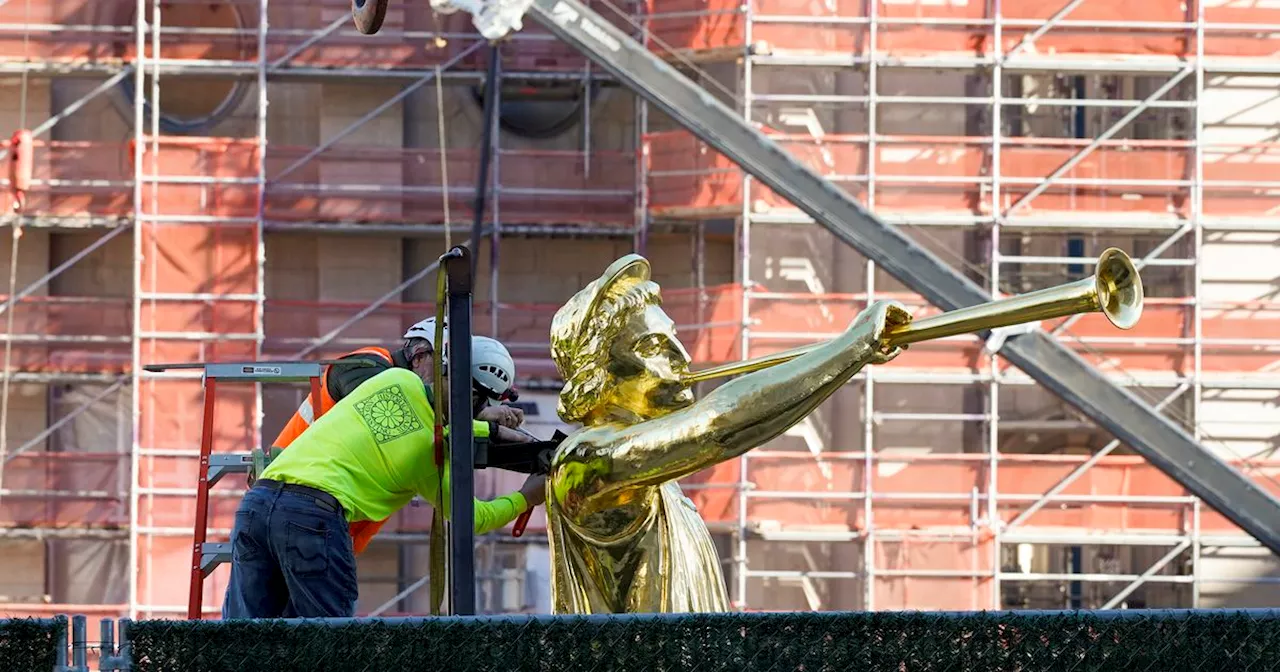 Crews prepare to return Angel Moroni to top of the Salt Lake LDS Temple