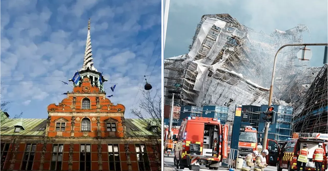 Firefighters tackle scaffolding dangling outside ruins of fire-ravaged Danish landmark