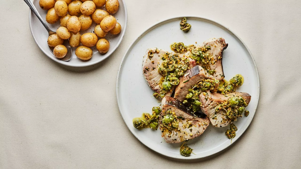 Swordfish Steaks with Olive-Pistachio Sauce and Potatoes