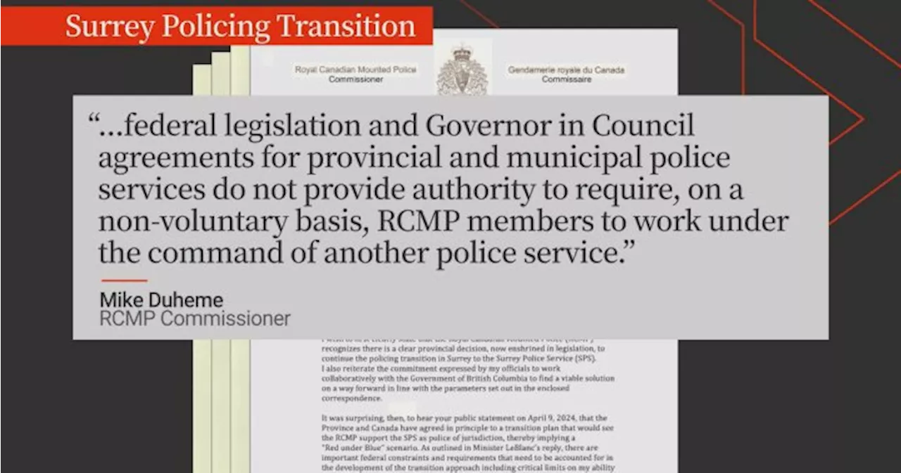 RCMP disputes claim of agreement over Surrey transition in leaked letter to solicitor general