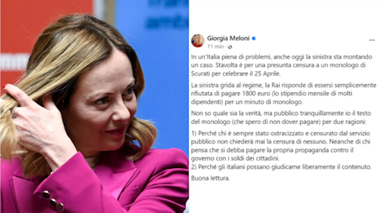 Giorgia Meloni a sorpresa pubblica il monologo di Scurati: 'Nessuna censura'