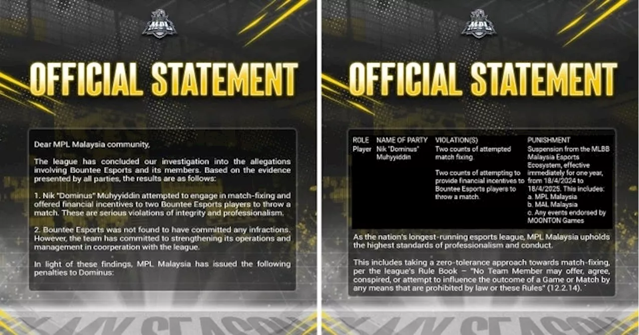 M'sian Esports Player Muhyyiddin Banned from Mobile Legends Pro League for Match-Fixing Attempt