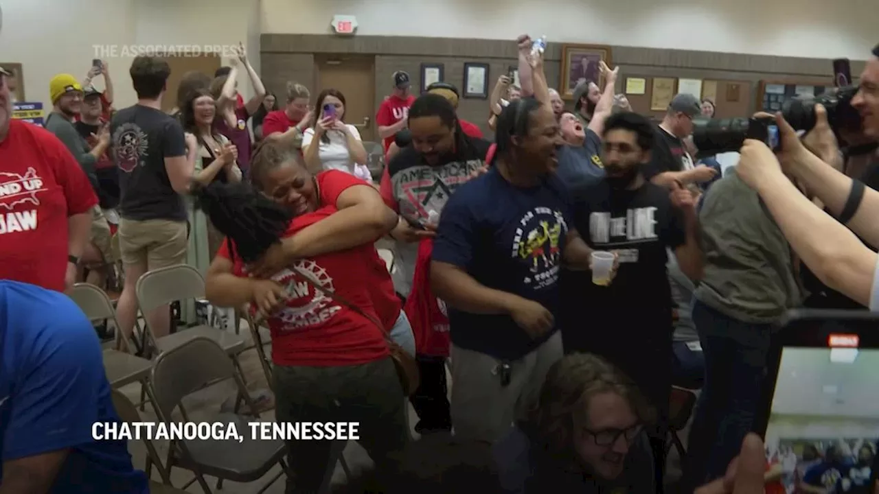 Volkswagen workers in Tennessee cheer after vote to join the United Auto Workers union