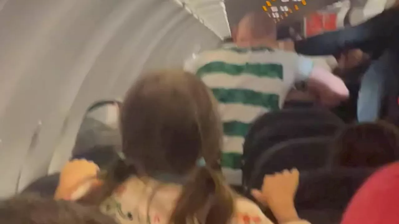 Moment 'drunk' Celtic fan punches police officers on flight