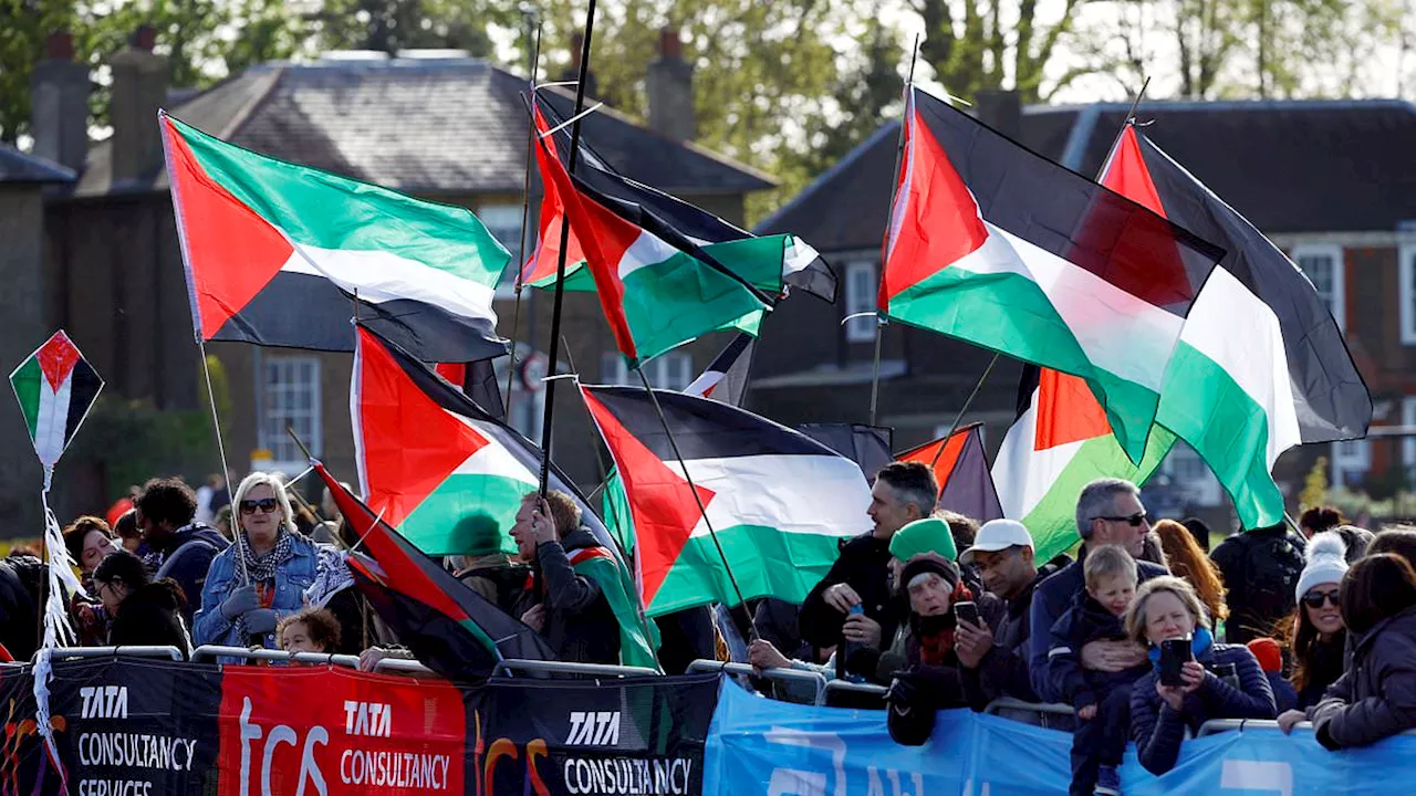 Now pro-Palestine protesters target the London Marathon: Flag-waving activists demonstrate along...