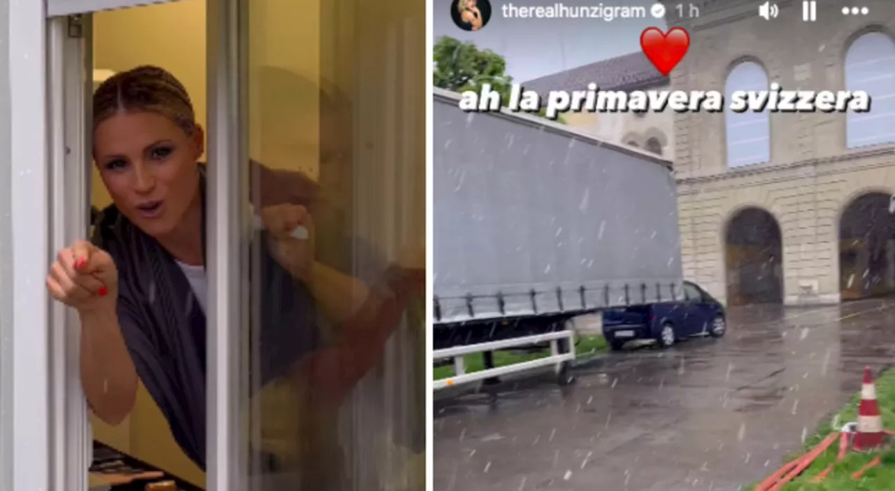 Michelle Hunziker atterra a Zurigo e trova la neve: «Primavera svizzera». Ed è subito april-gennaio