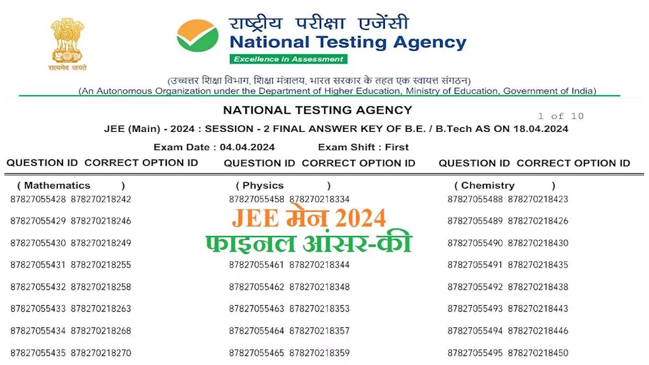 JEE Main 2024: जारी हो गई जेईई मेन अप्रैल सेशन के लिए फाइनल आंसर-की, NTA ने डाउनलोड लिंक एक्टिव किया