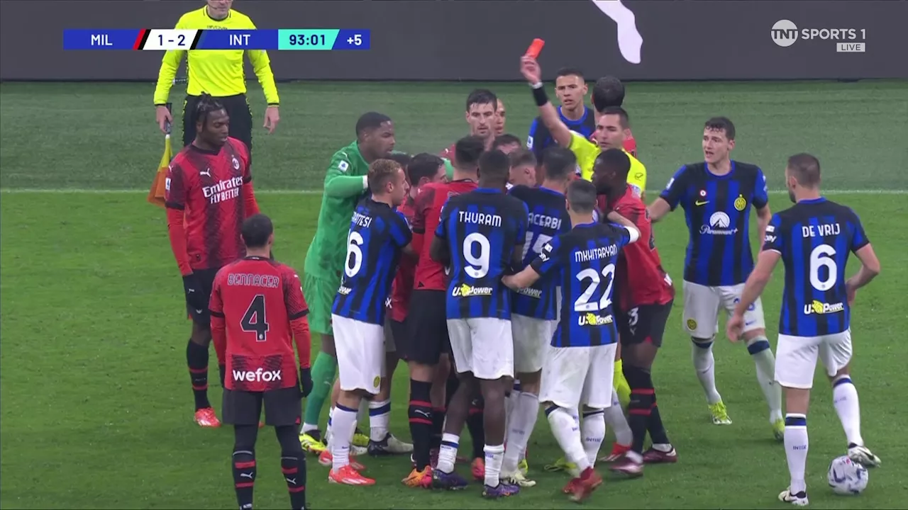 Three stoppage-time red cards and multiple scuffles as Inter seal Serie A title against AC Milan...