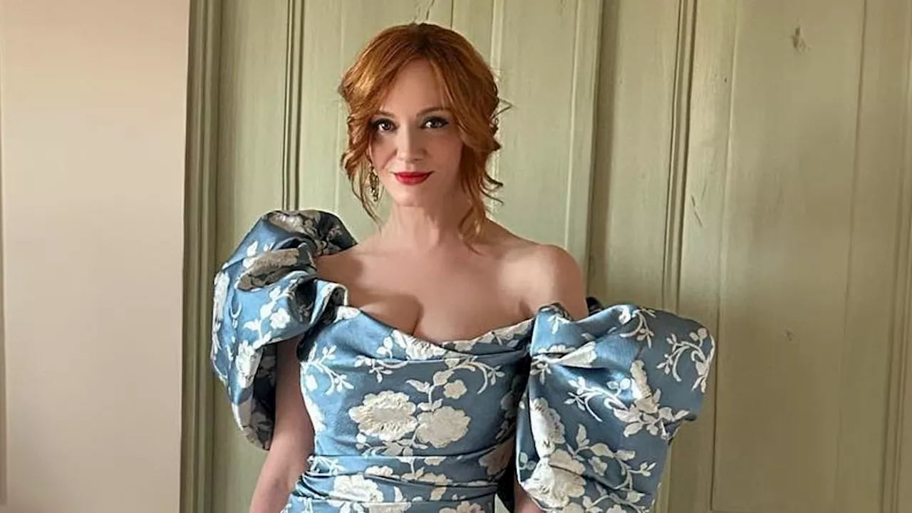 Inside Christina Hendricks' wedding weekend: Mad Men star wears busty blue and ivory Christian...