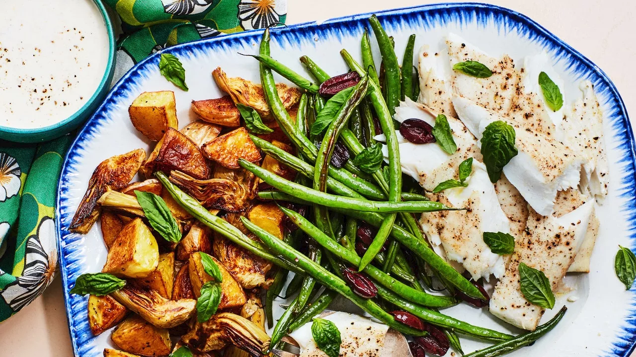 Roasted Niçoise Salad With Halibut, Green Beans, Potatoes, and Artichoke Hearts