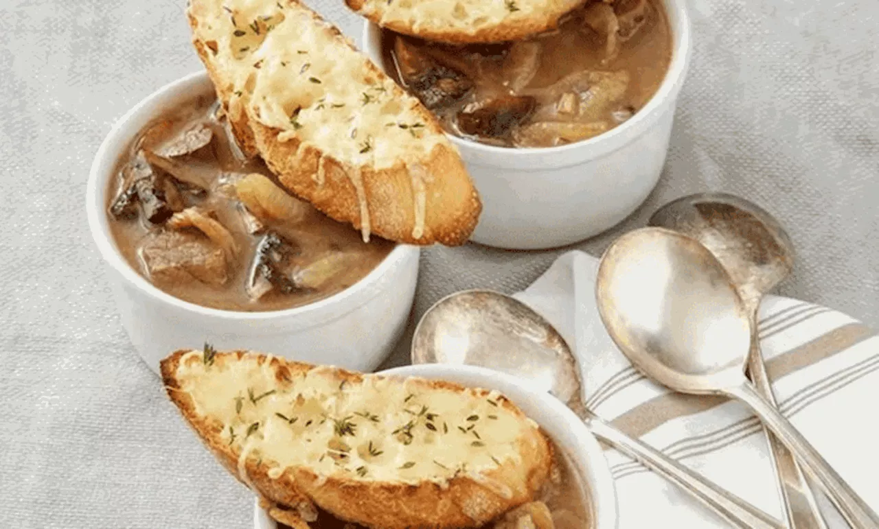 French onion, beef and mushroom stew with croutons