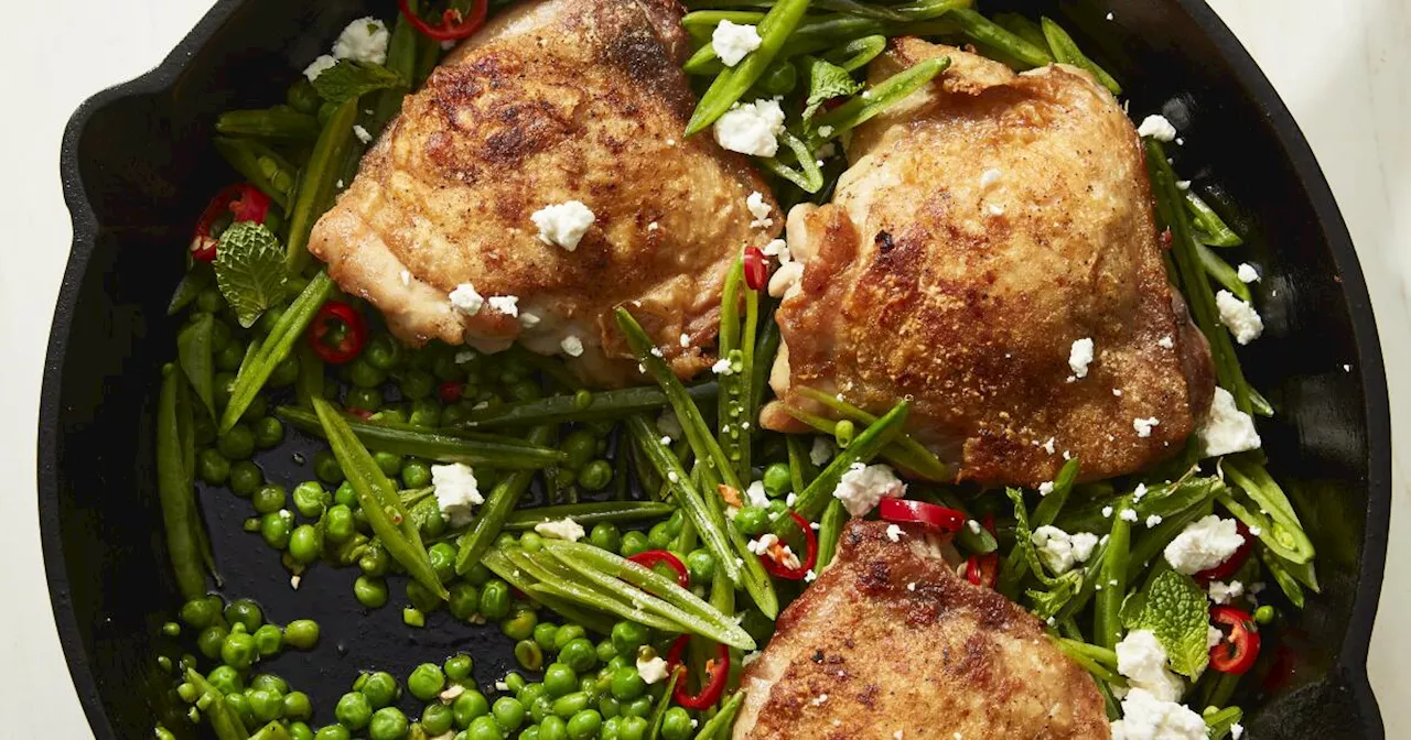 Skillet Chicken Thighs With Peas & Pickled Chiles