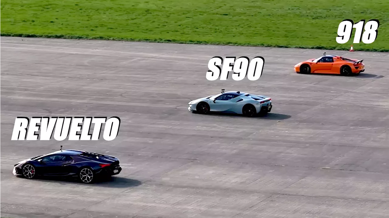 Hybrid Supercar Drag Race: Lamborghini Revuelto Vs Ferrari SF90 Vs Porsche 918