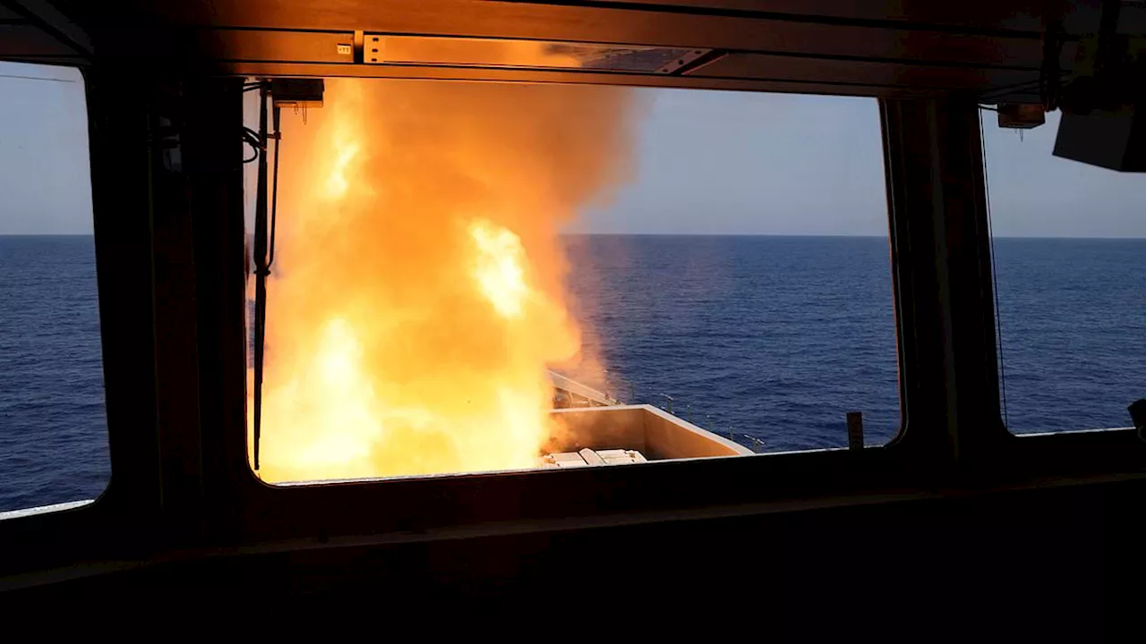 Moment Royal Navy destroyer HMS Diamond shoots down missile fired by Houthis in Yemen at merchant...